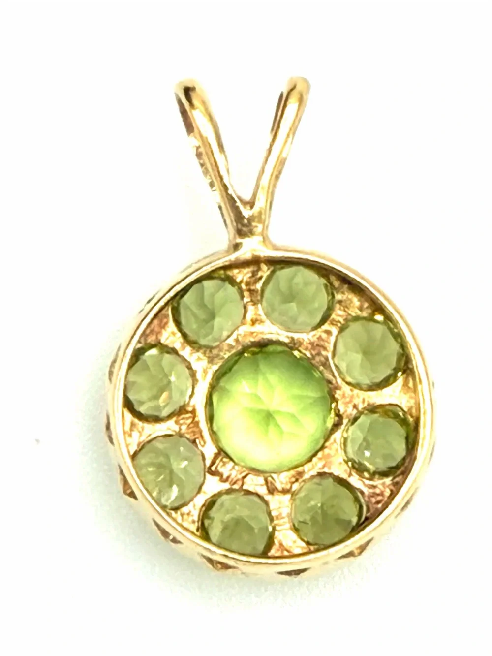 Solid 14k Gold Green Peridot Round Halo Pendant - Vintage Victorian Style
